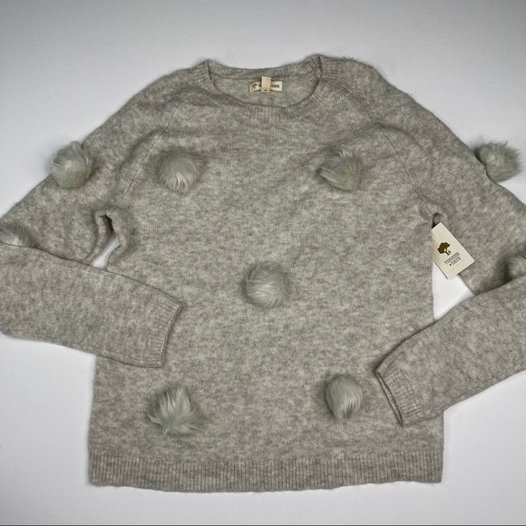 Tucker + Tate Sweater Ivory Egret Heather Fluffy Balls Wool Blend Faux Fur New - Picture 1 of 10